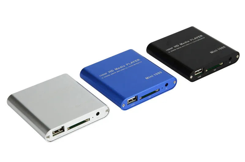 1080p Full HD media player in black metal case with SD card slot, USB port and HDMI output