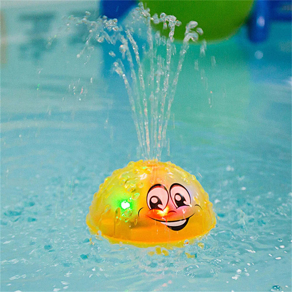 Colorful spray water fountain toy with rotating water display, perfect for toddlers' bath time fun