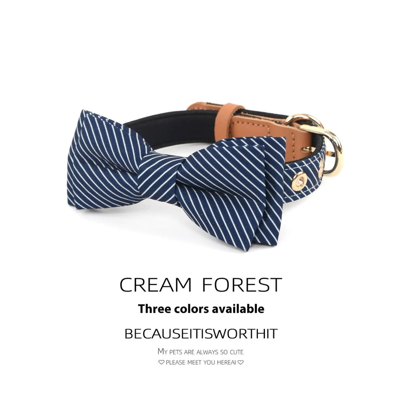 Dog collar with detachable cotton bow in three colour options - dark blue, white, and wine red - available in S, M, L sizes and featuring a 2cm width rope with optional multi-leather lettering for personalised pet accessories