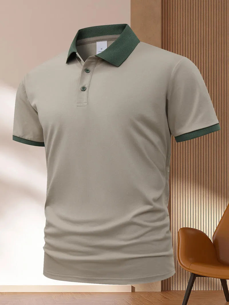 Man's short sleeve Ice Silk polo shirt with a flocking print, shown in multiple colour options.