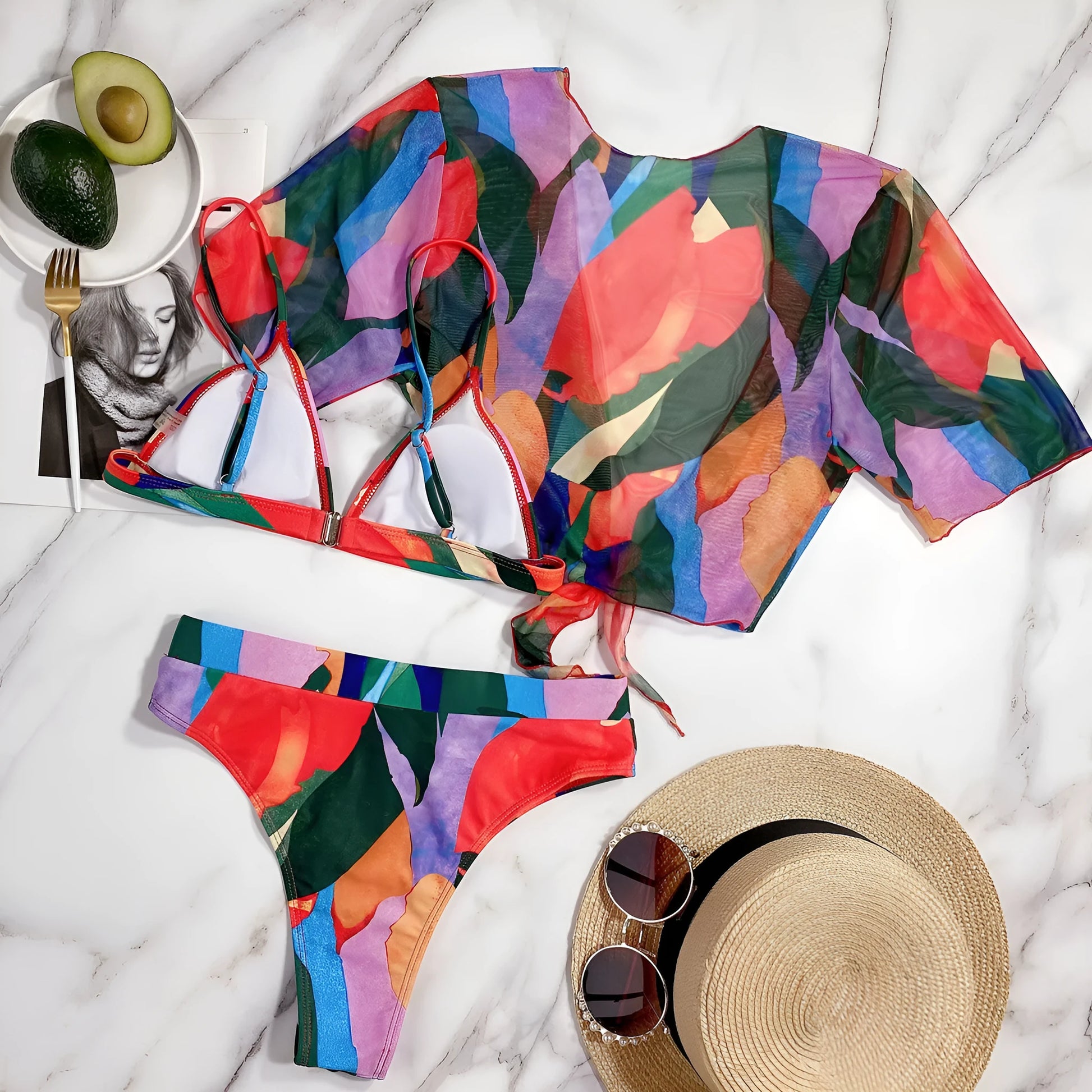 Red women's printed split swimsuit with briefs and bikini styling for swimming