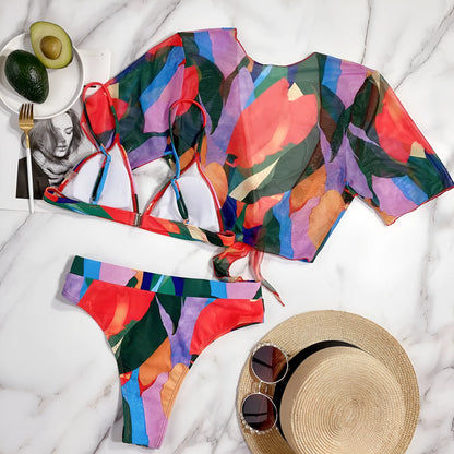 Red women's printed split swimsuit with briefs and bikini styling for swimming