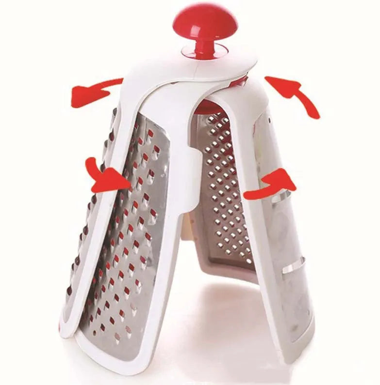 Red collapsible stainless steel kitchen grater shown open and folded flat for storage