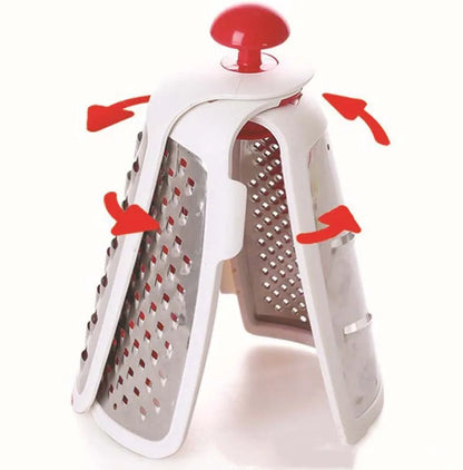 Red collapsible stainless steel kitchen grater shown open and folded flat for storage