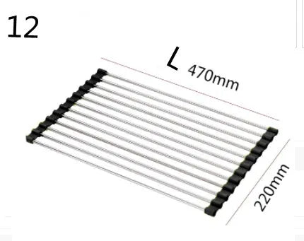Folding stainless steel kitchen drain rack with coloured plastic tubes, shown open for use.
