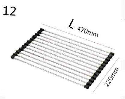 Folding stainless steel kitchen drain rack with coloured plastic tubes, shown open for use.