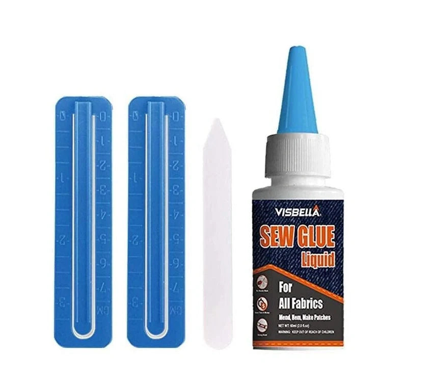 Clothing repair glue kit with two bottles, fixing clips, and applicator pen