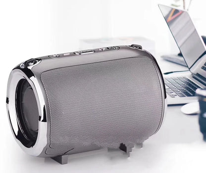 Portable metal sound card reader with subwoofer in black, blue, golden, red, or silver colour options.