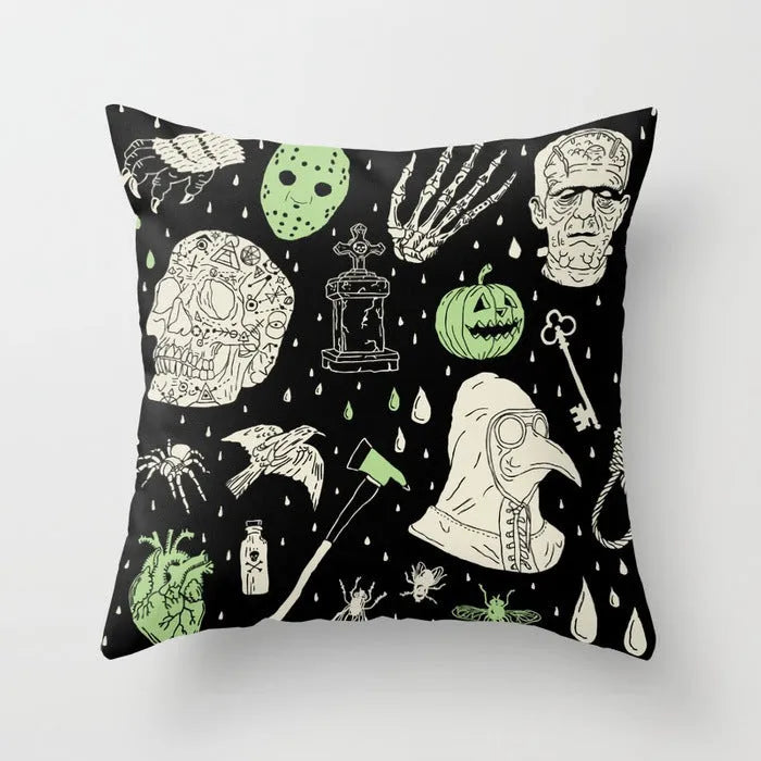 Halloween-themed cartoon print cushion cover on a sofa, 45x45 cm size.