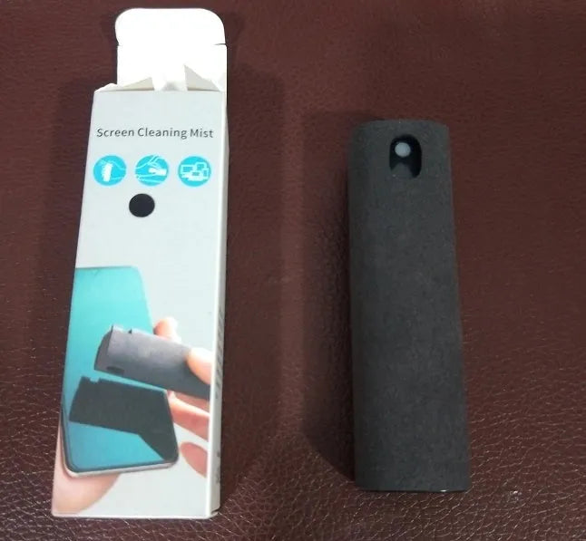 Portable all-in-one screen cleaner kit with protective shell, microfiber wipe, and internal fluid bottle.
