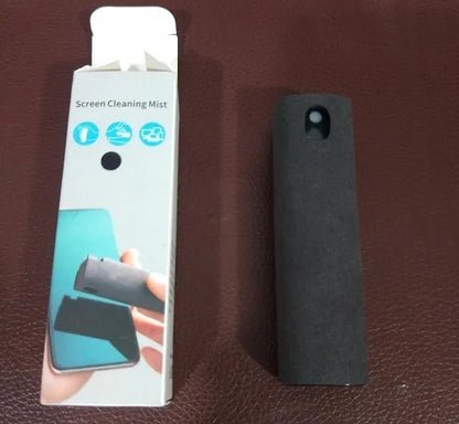 Portable all-in-one screen cleaner kit with protective shell, microfiber wipe, and internal fluid bottle.