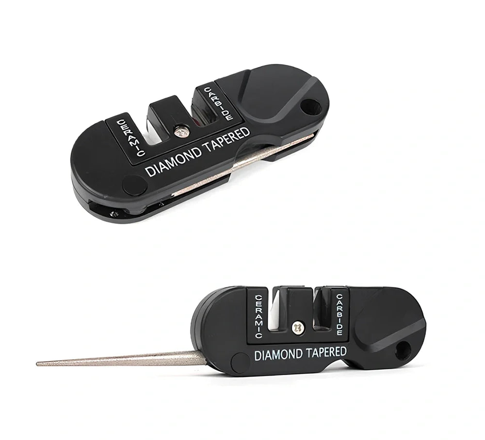 Black Pocket Pal knife sharpener with carbide blades, ceramic slot, and diamond rod, 3-1/2 inches long for hiking use