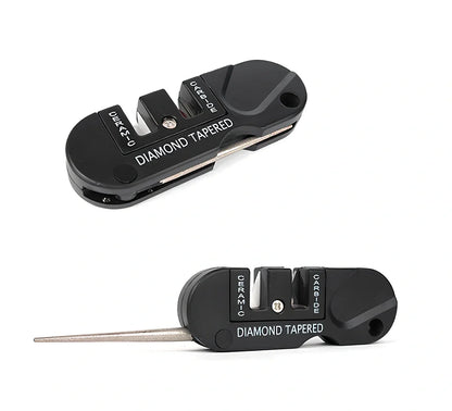 Black Pocket Pal knife sharpener with carbide blades, ceramic slot, and diamond rod, 3-1/2 inches long for hiking use