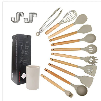 11-piece silicone kitchen utensil set with beech wood handles showing spoons and spatulas