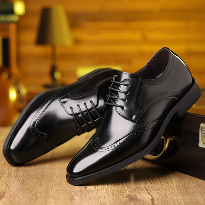 Men's soft-soled business shoes in black or light brown with artificial PU upper and rubber outsole, sizes 39-48