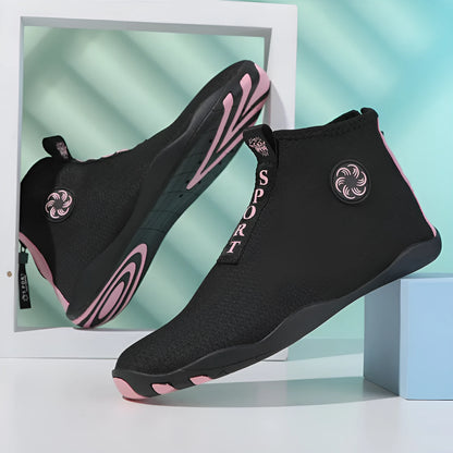 Mid-top outdoor beach shoes in black and fluorescent green with mesh upper and rubber sole.