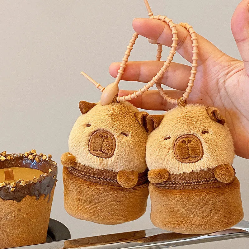 Brown plush animal coin purse and earphone bag with embroidery for daily matching