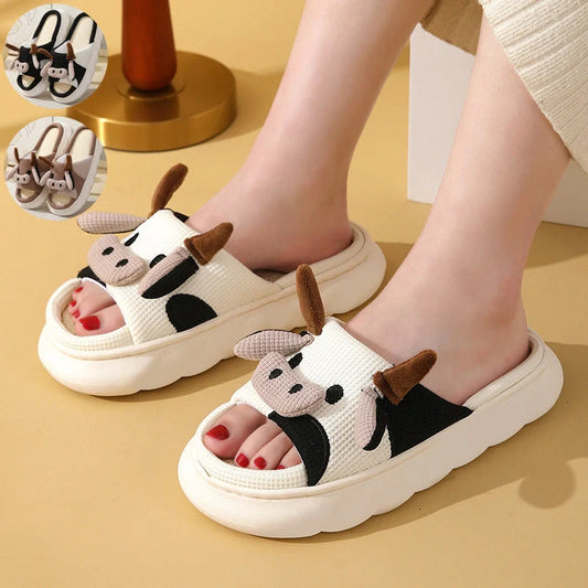 Cartoon Cow Frog Linen Slippers with non-slip PVC sole in various colours