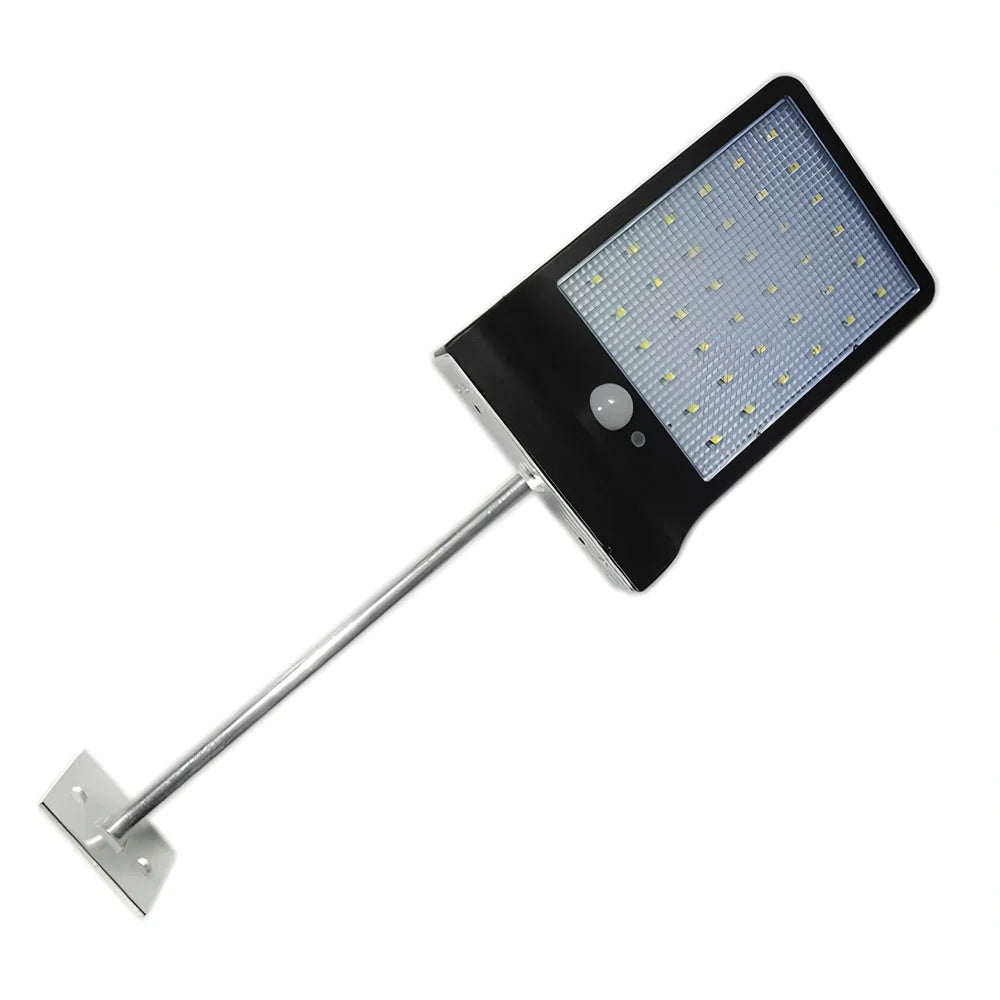 Solar garden light with 36 LED array in black or white finish showing integrated solar panel