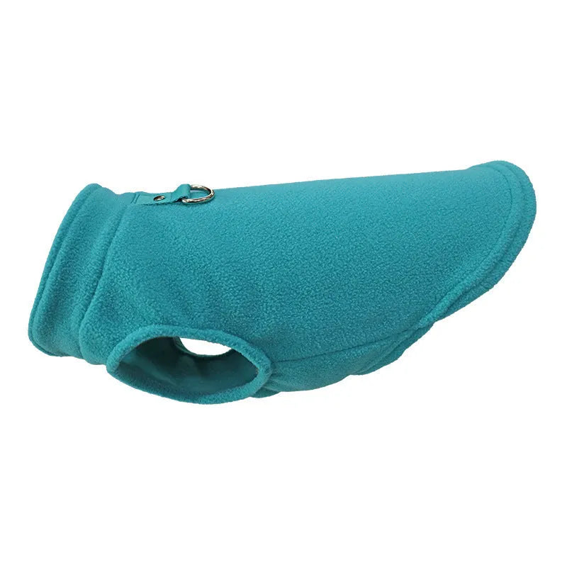 Thickened polar fleece dog waistcoat in solid colours red, black, blue, available in sizes S M L XL.