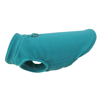 Thickened polar fleece dog waistcoat in solid colours red, black, blue, available in sizes S M L XL.