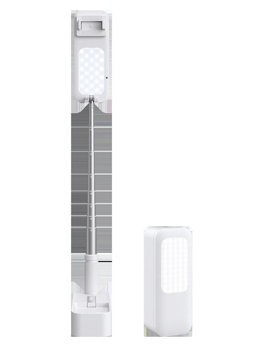 Adjustable multi-angle phone holder with integrated lighting and Bluetooth remote control for mobile photography and video recording