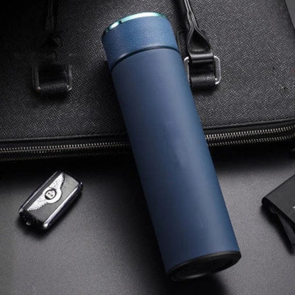 Premium business mug with touch-sensitive temperature display, made of durable stainless steel in sleek black, red, and blue colors