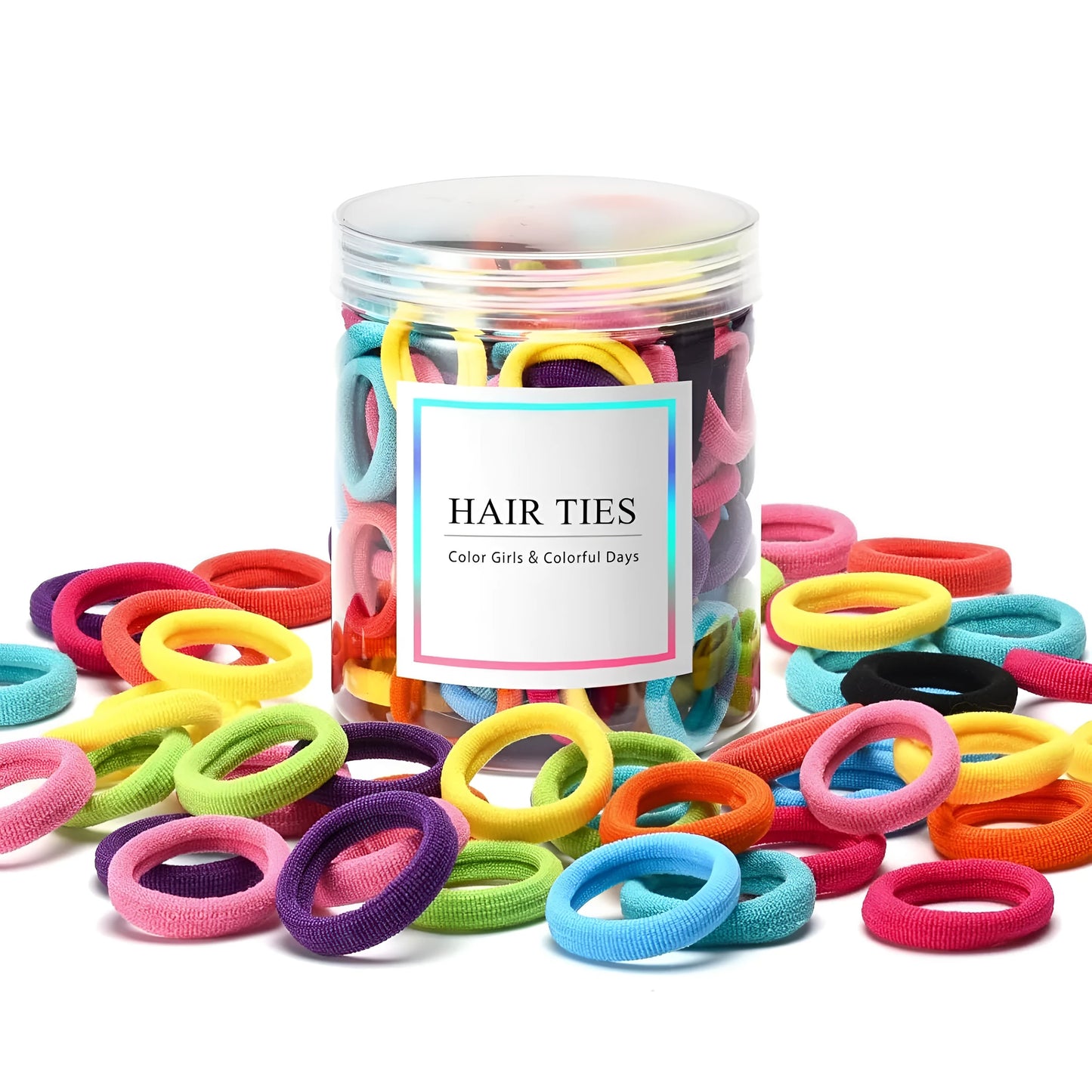 100 colourful cotton hair ties for babies and toddlers in jar packaging