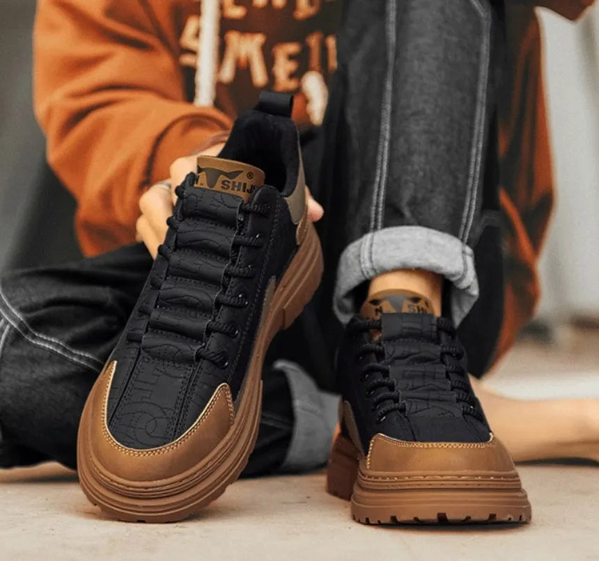 Black and white platform casual sneakers with thick rubber soles for height increase