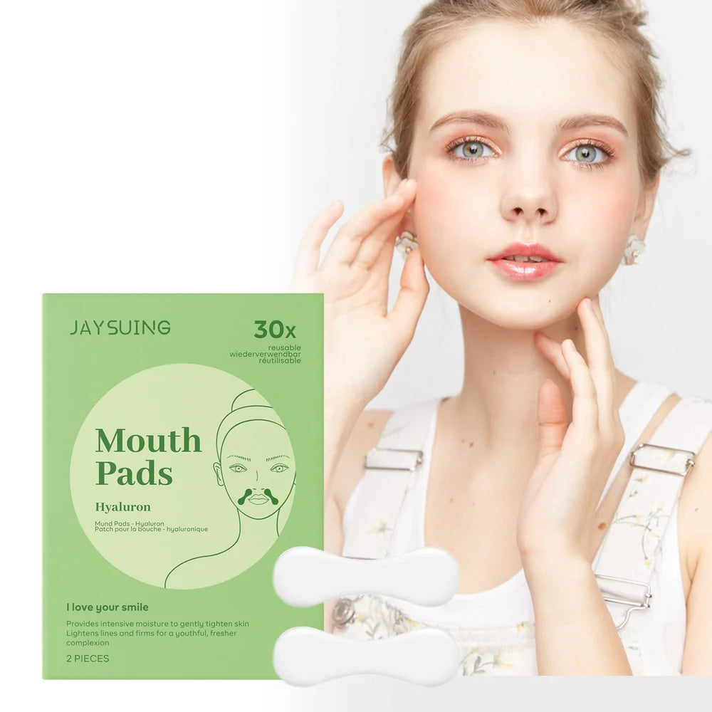 Two facial firming patches showing 4.7cm by 7.8cm dimensions with hyaluronic acid and collagen formulation