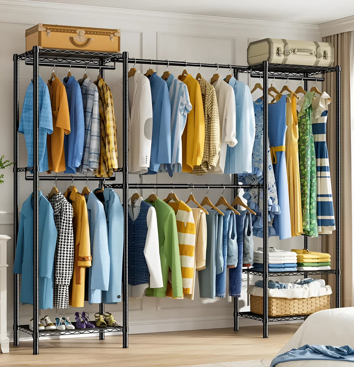 Black metal freestanding storage rack for clothes, trousers, and ties organisation