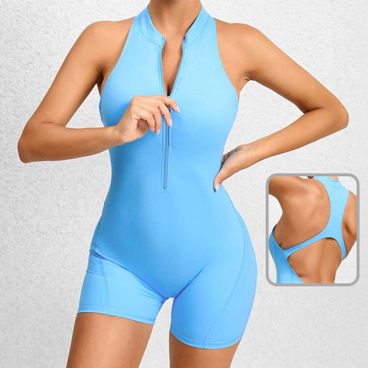 Stylish and functional zippered yoga jumpsuit with stretchy and breathable fabric, available in a variety of vibrant colors