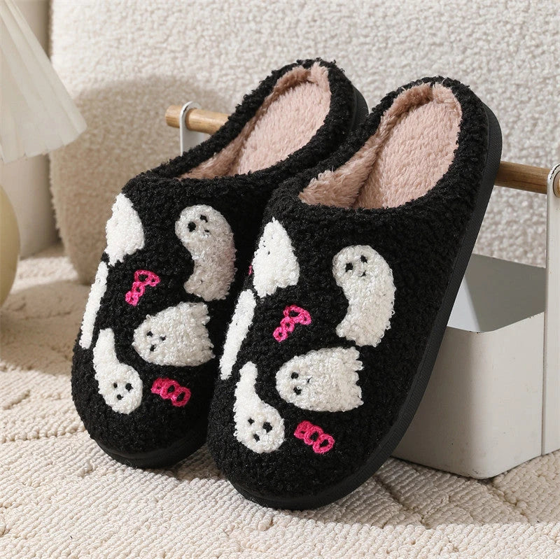 Cozy Halloween ghost-themed cotton slippers for women in pink and black colors