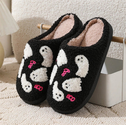 Cozy Halloween ghost-themed cotton slippers for women in pink and black colors