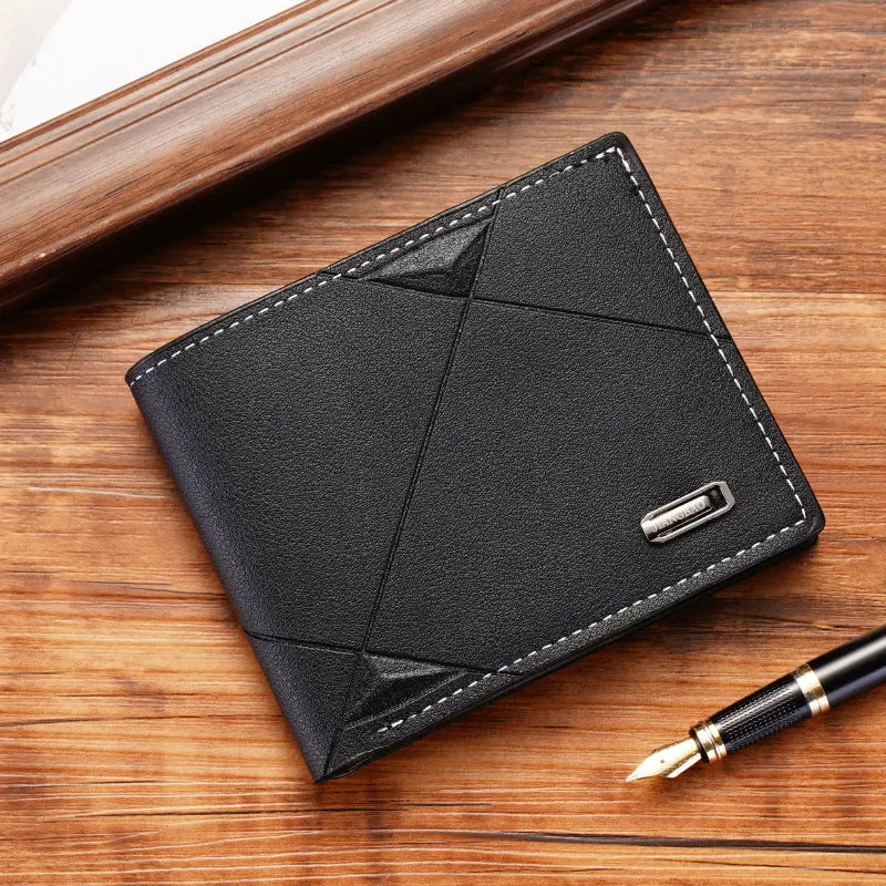 Men's three-fold PU leather wallet with multiple card slots in black, brown and dark coffee colours
