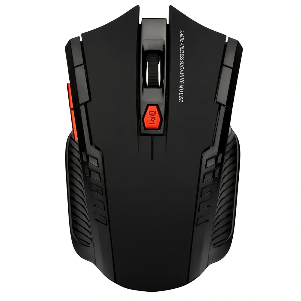Black wireless computer mouse with six buttons and USB receiver, 100-120mm size