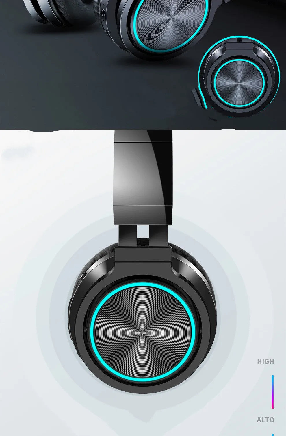Wireless folding over-ear headset shown in black, black and red, and white and grey colour options.