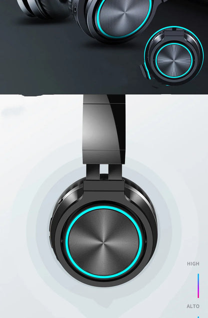 Wireless folding over-ear headset shown in black, black and red, and white and grey colour options.