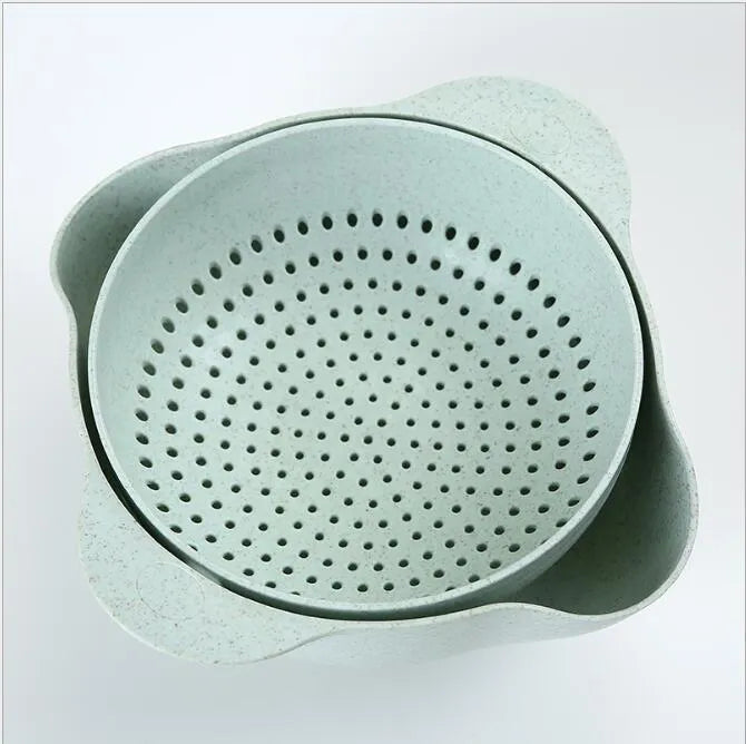 Blue double-deck plastic kitchen basket for washing rice, fruits and vegetables