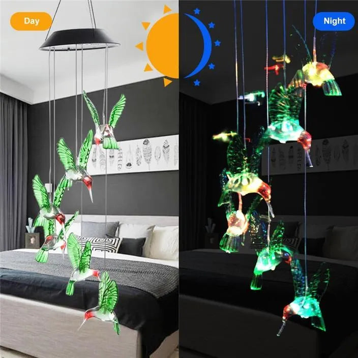 Solar wind chime with colour-changing LED, hummingbird and butterfly designs, waterproof outdoor hanging light for patio yard garden