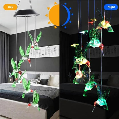 Solar wind chime with colour-changing LED, hummingbird and butterfly designs, waterproof outdoor hanging light for patio yard garden
