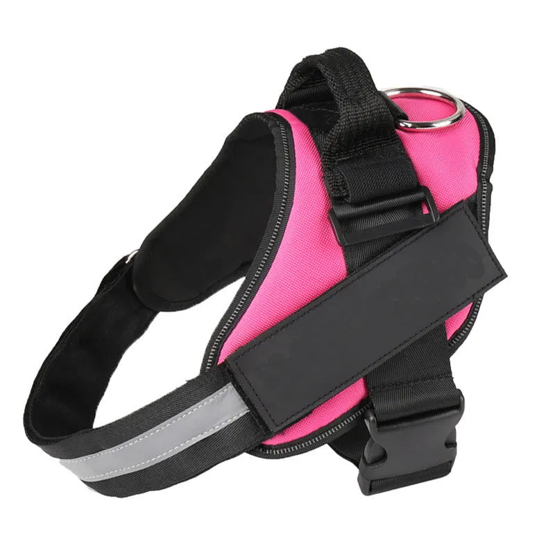 Adjustable reflective nylon dog harness vest with a sturdy handle and chest strap, shown on a size chart.