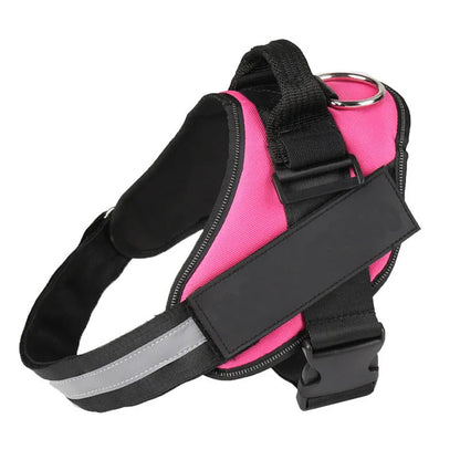 Adjustable reflective nylon dog harness vest with a sturdy handle and chest strap, shown on a size chart.