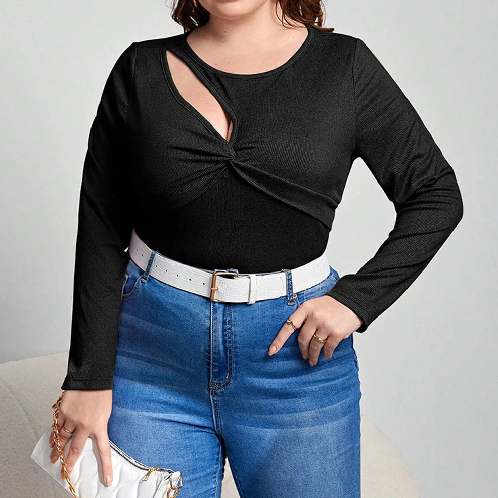Black women's long-sleeved top with hollow-out design detail, slim fit with 3D cutting