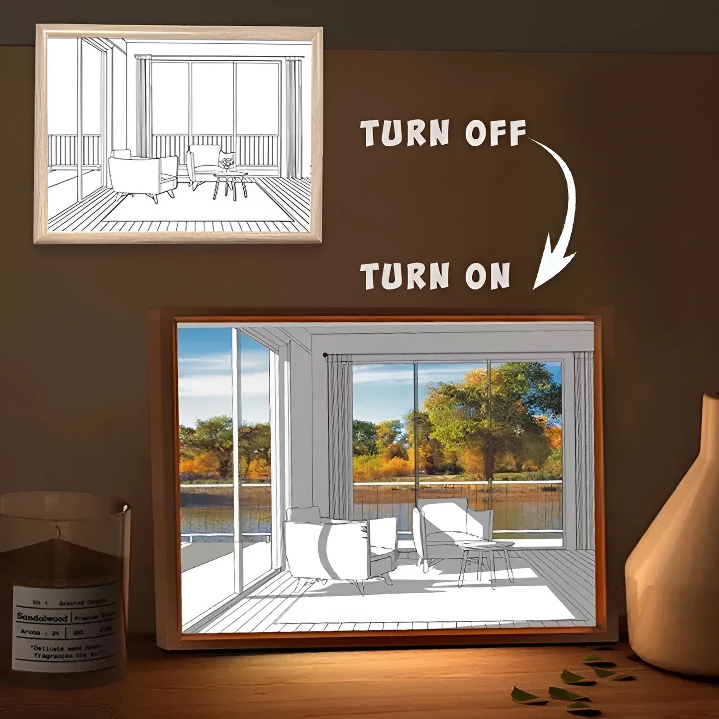 Illuminated acrylic LED decorative light painting showing a sunshine scene, with USB cable and button switch.