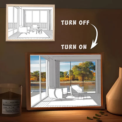 Illuminated acrylic LED decorative light painting showing a sunshine scene, with USB cable and button switch.