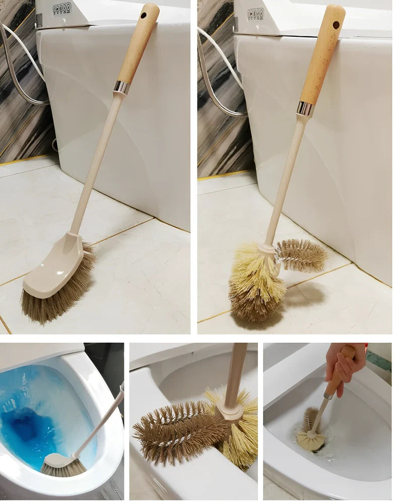 Wooden handle toilet brush with 360-degree bristle coverage for complete toilet cleaning