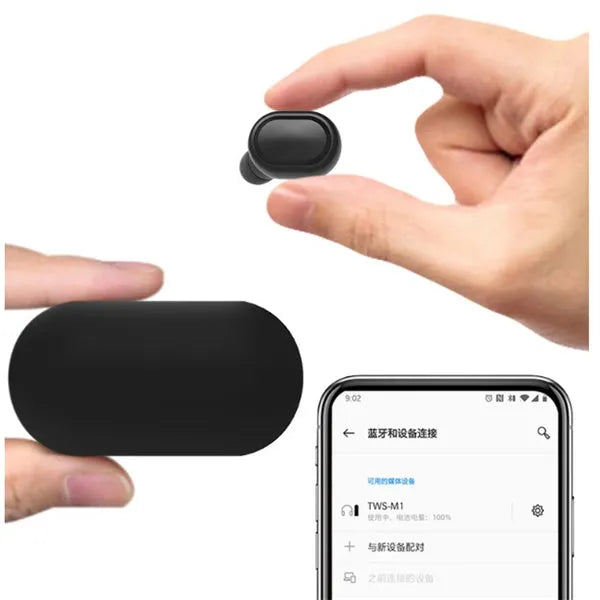 Black and white M1 wireless Bluetooth earbuds with a charging case on a neutral background.