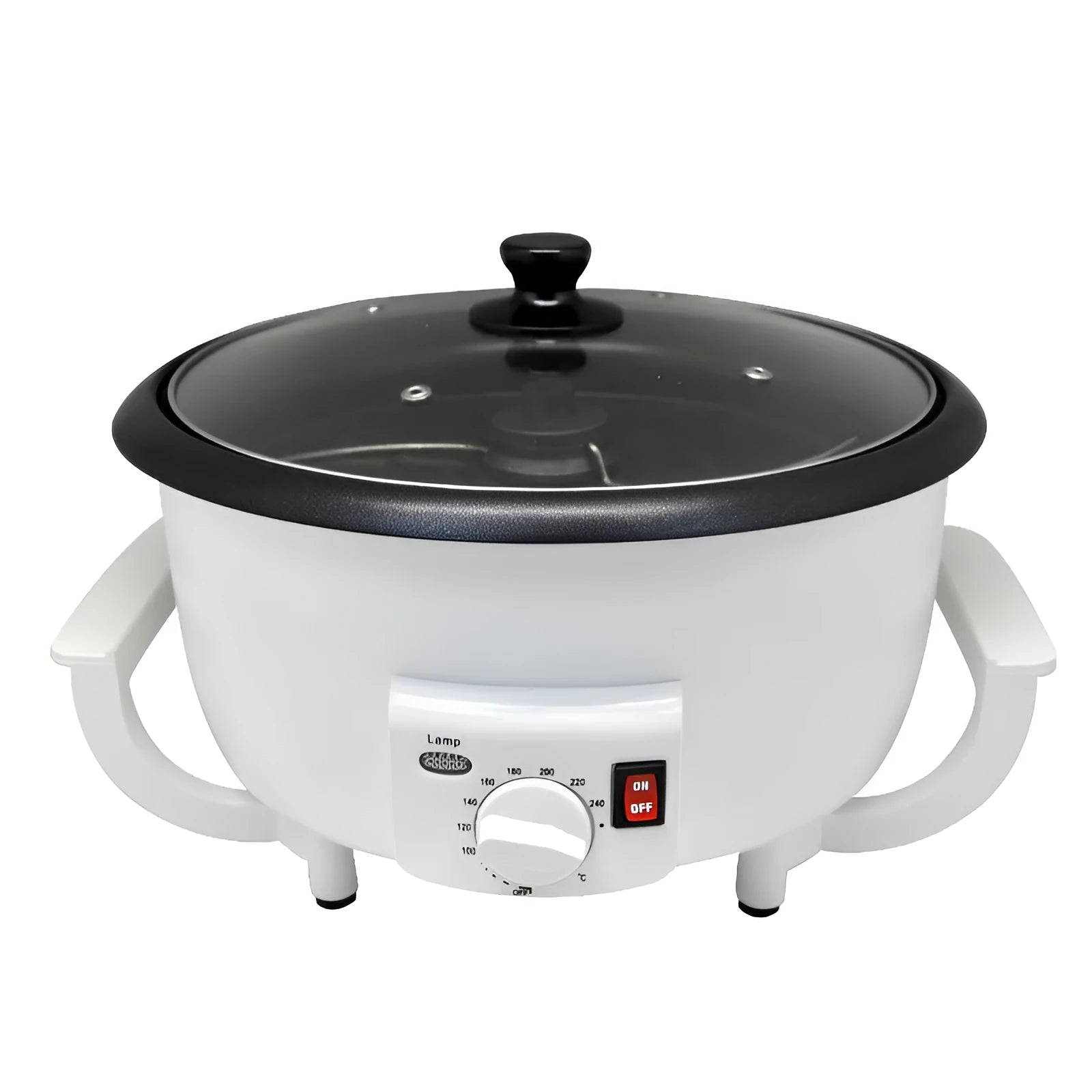 White oblate coffee bean roasting machine with transparent viewing window and 225mm base diameter