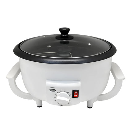 White oblate coffee bean roasting machine with transparent viewing window and 225mm base diameter